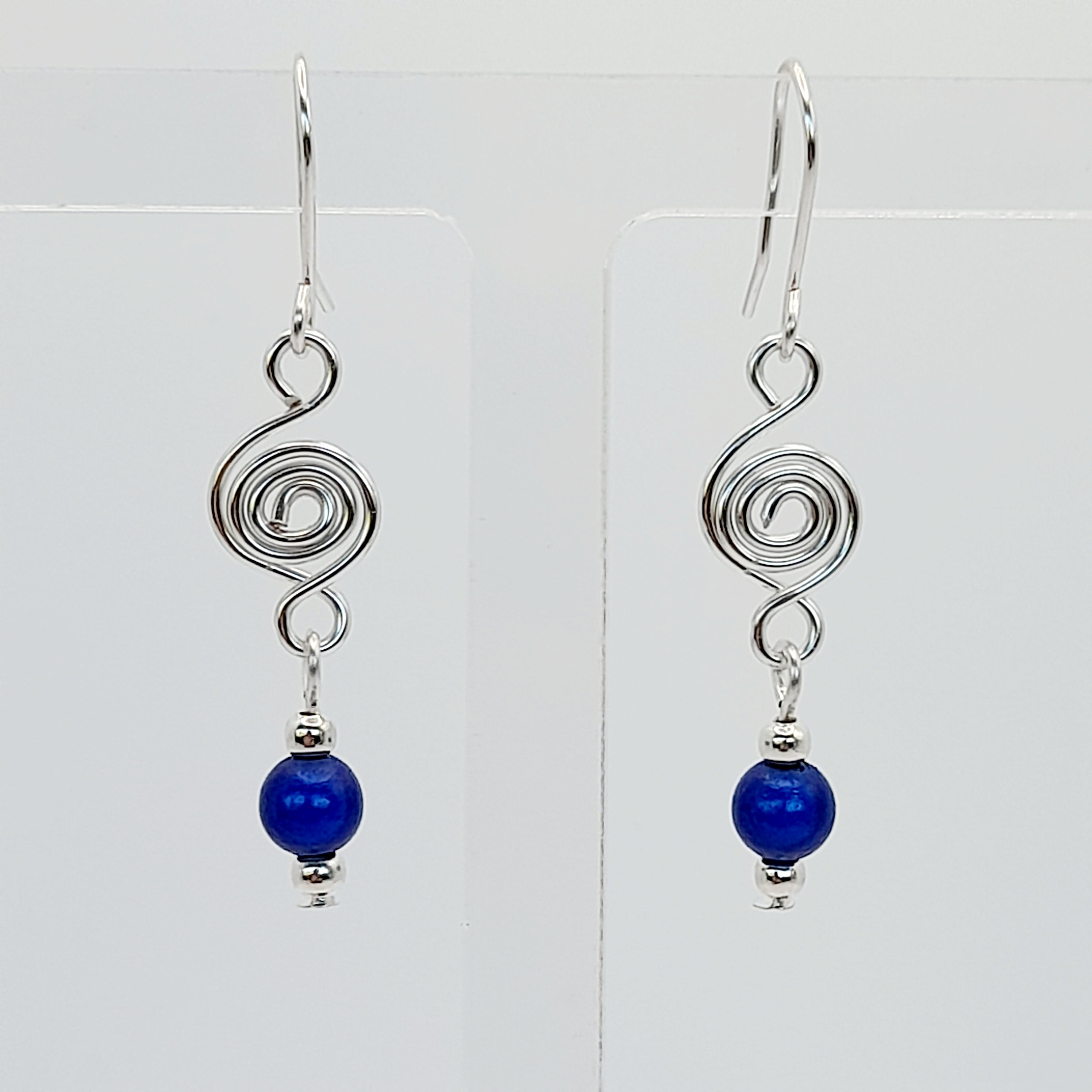 Dainty Silver & Blue Spiral Earrings, Handmade, Lightweight & Pretty