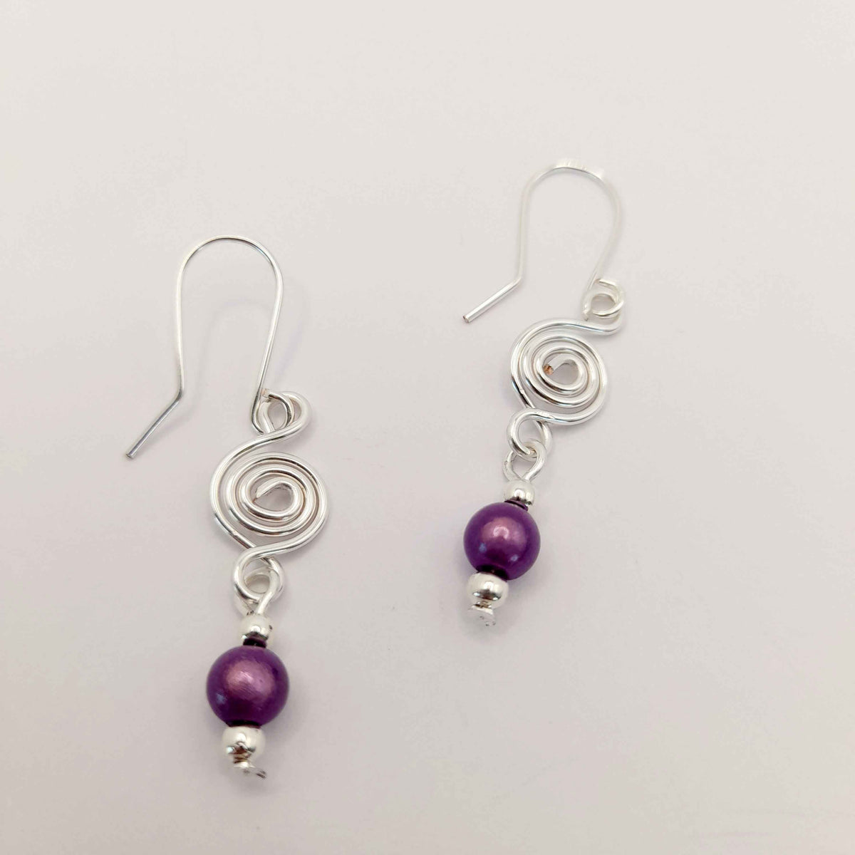 Dainty Silver & Lilac Spiral Earrings, Handmade, Lightweight & Pretty