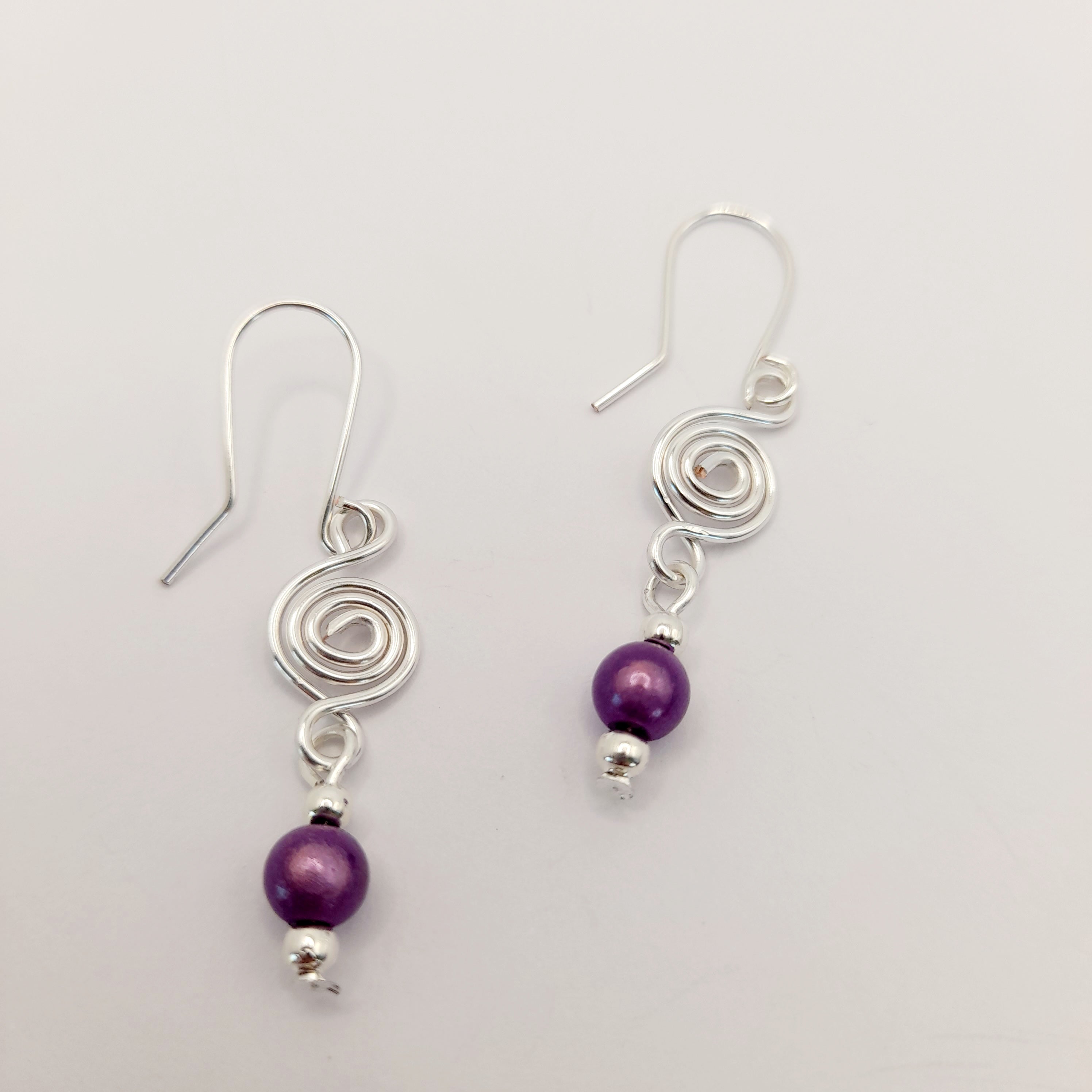 Dainty Silver & Lilac Spiral Earrings, Handmade, Lightweight & Pretty