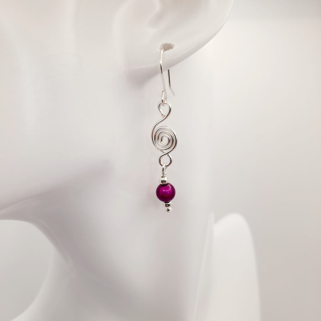Dainty Silver & Purple Spiral Earrings, Handmade, Lightweight & Pretty