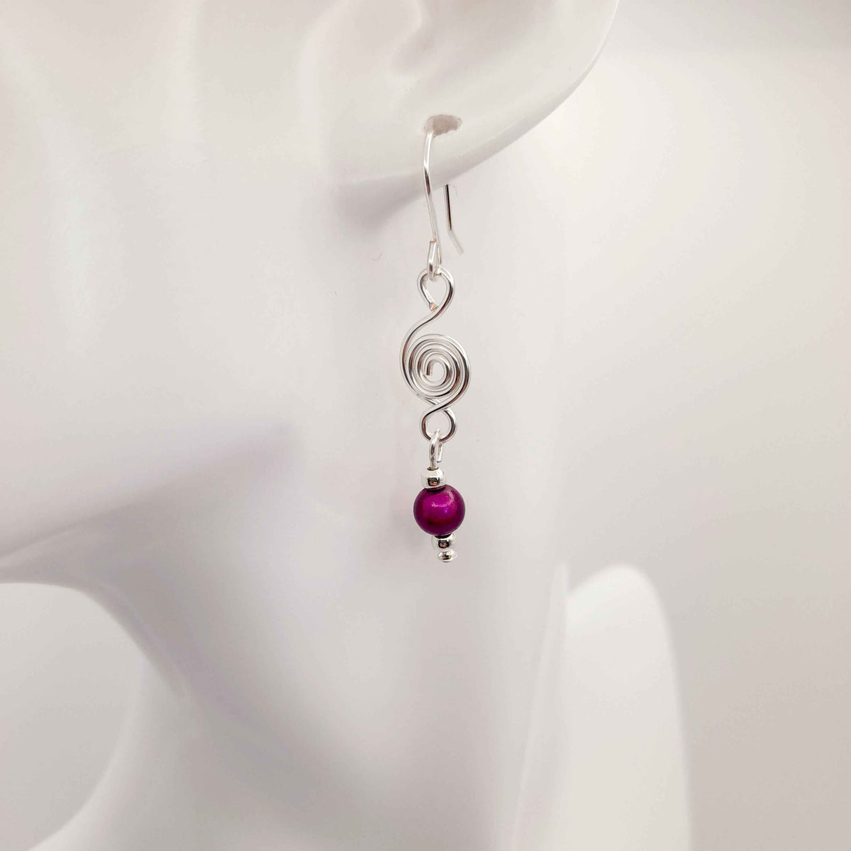 Dainty Silver & Purple Spiral Earrings, Handmade, Lightweight & Pretty