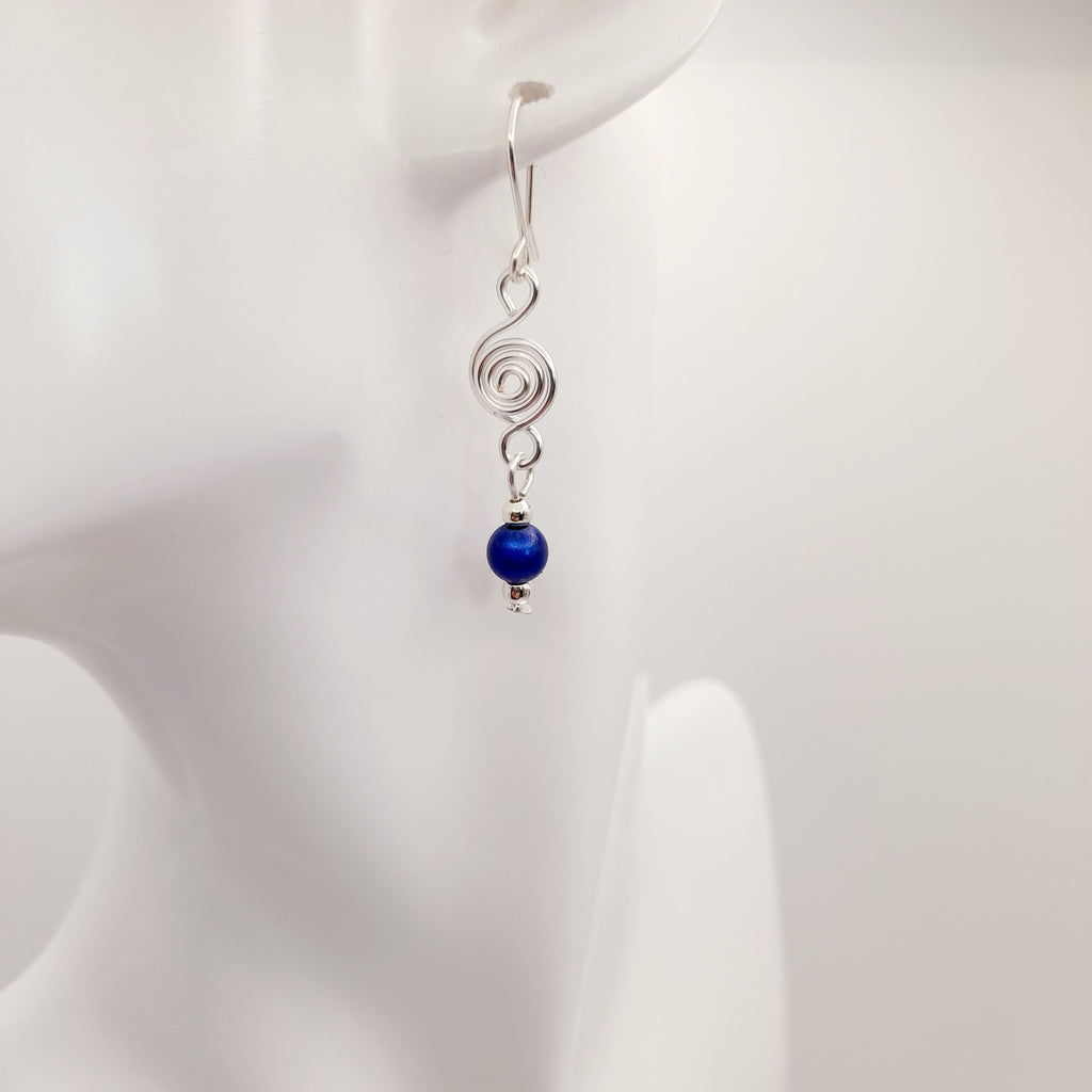 Dainty Silver & Blue Spiral Earrings, Handmade, Lightweight & Pretty