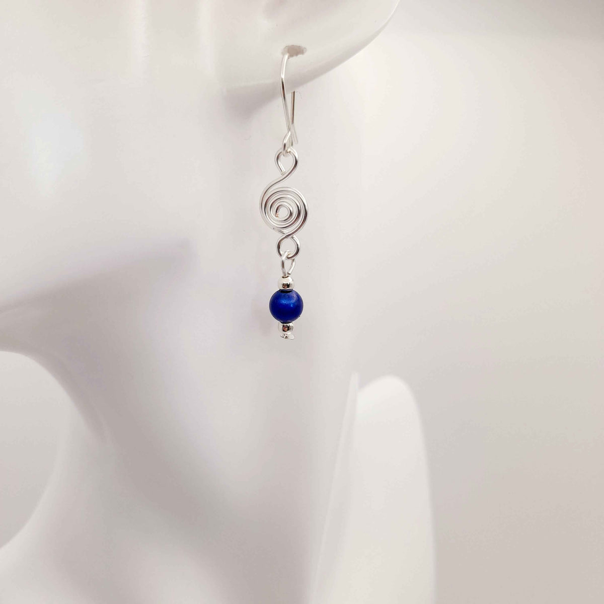 Dainty Silver & Blue Spiral Earrings, Handmade, Lightweight & Pretty