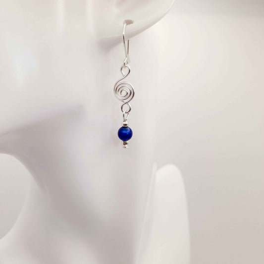 Dainty Silver & Blue Spiral Earrings, Handmade, Lightweight & Pretty