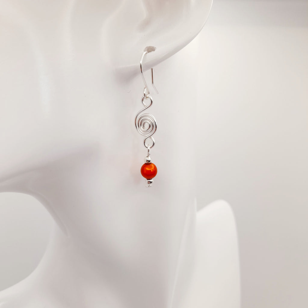 Dainty Silver & Orange Spiral Earrings, Handmade, Lightweight & Pretty