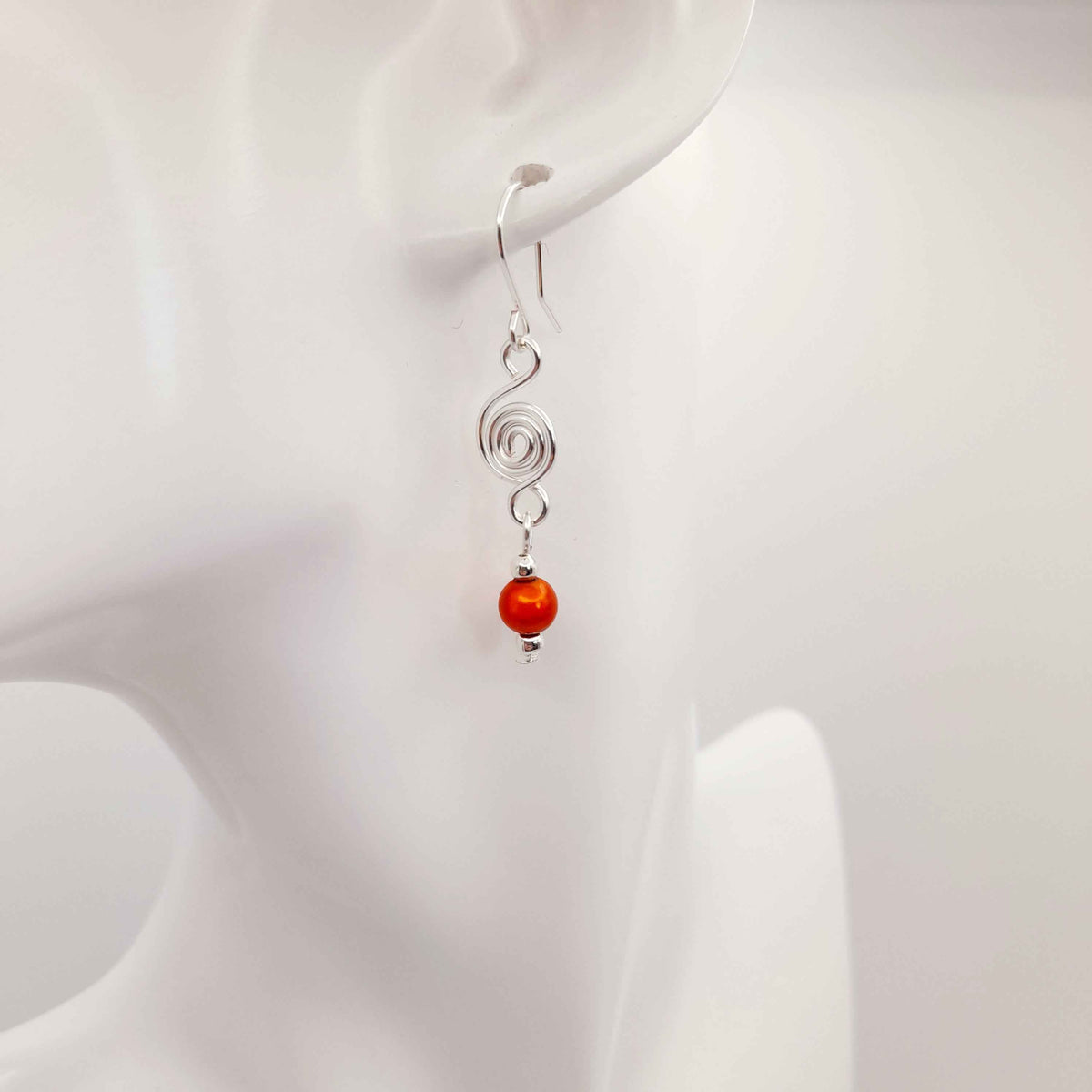 Dainty Silver & Orange Spiral Earrings, Handmade, Lightweight & Pretty
