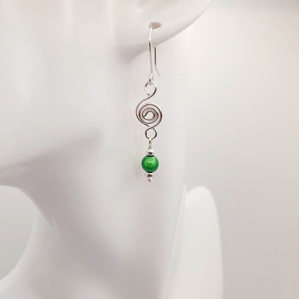 Dainty Silver & Green Spiral Earrings, Handmade, Lightweight & Pretty