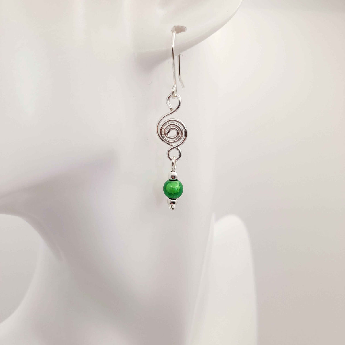 Dainty Silver & Green Spiral Earrings, Handmade, Lightweight & Pretty