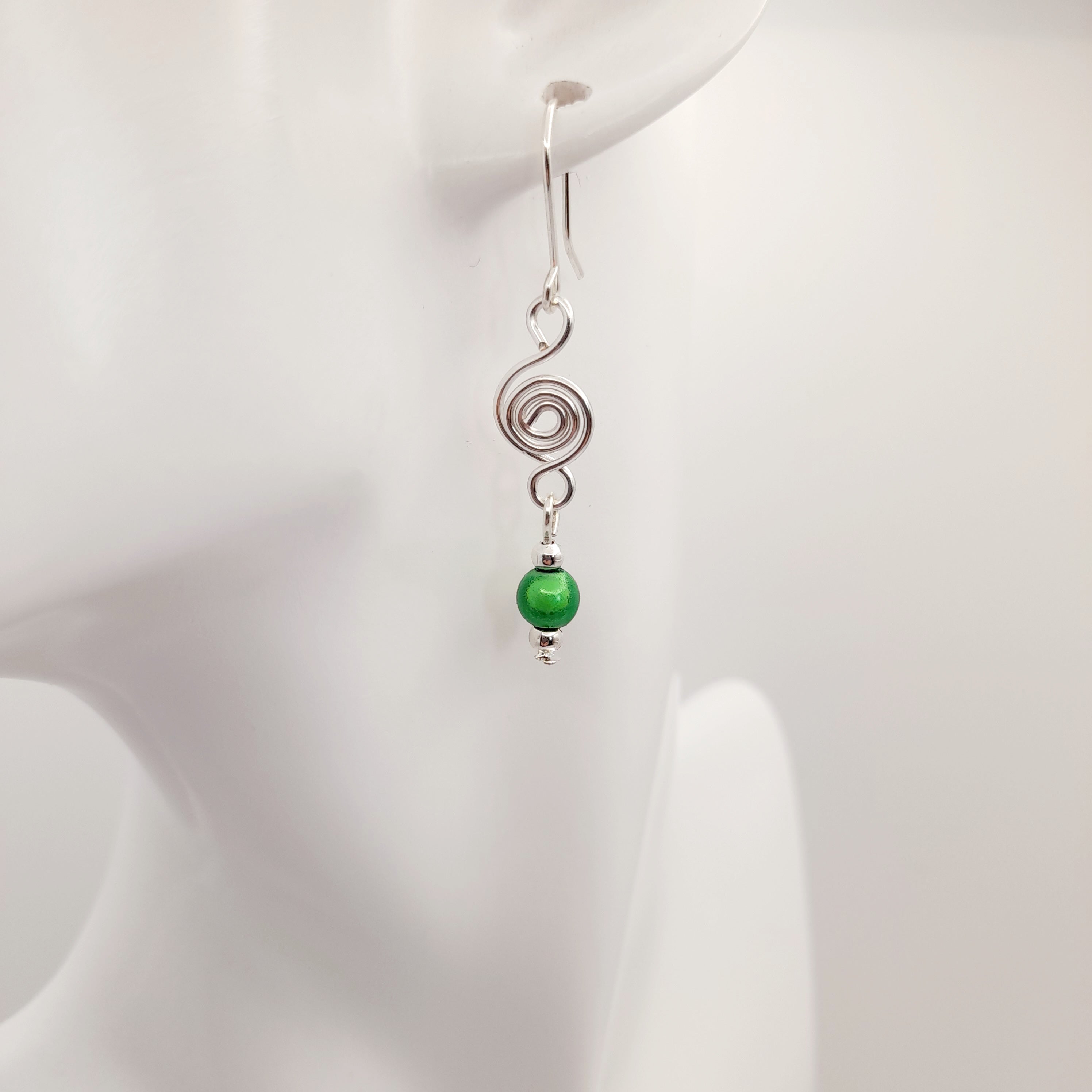 Dainty Silver & Green Spiral Earrings, Handmade, Lightweight & Pretty