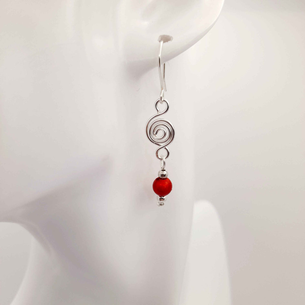 Dainty Silver & Red Spiral Earrings, Handmade, Lightweight & Pretty