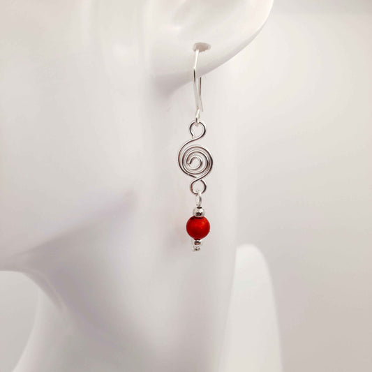 Dainty Silver & Red Spiral Earrings, Handmade, Lightweight & Pretty