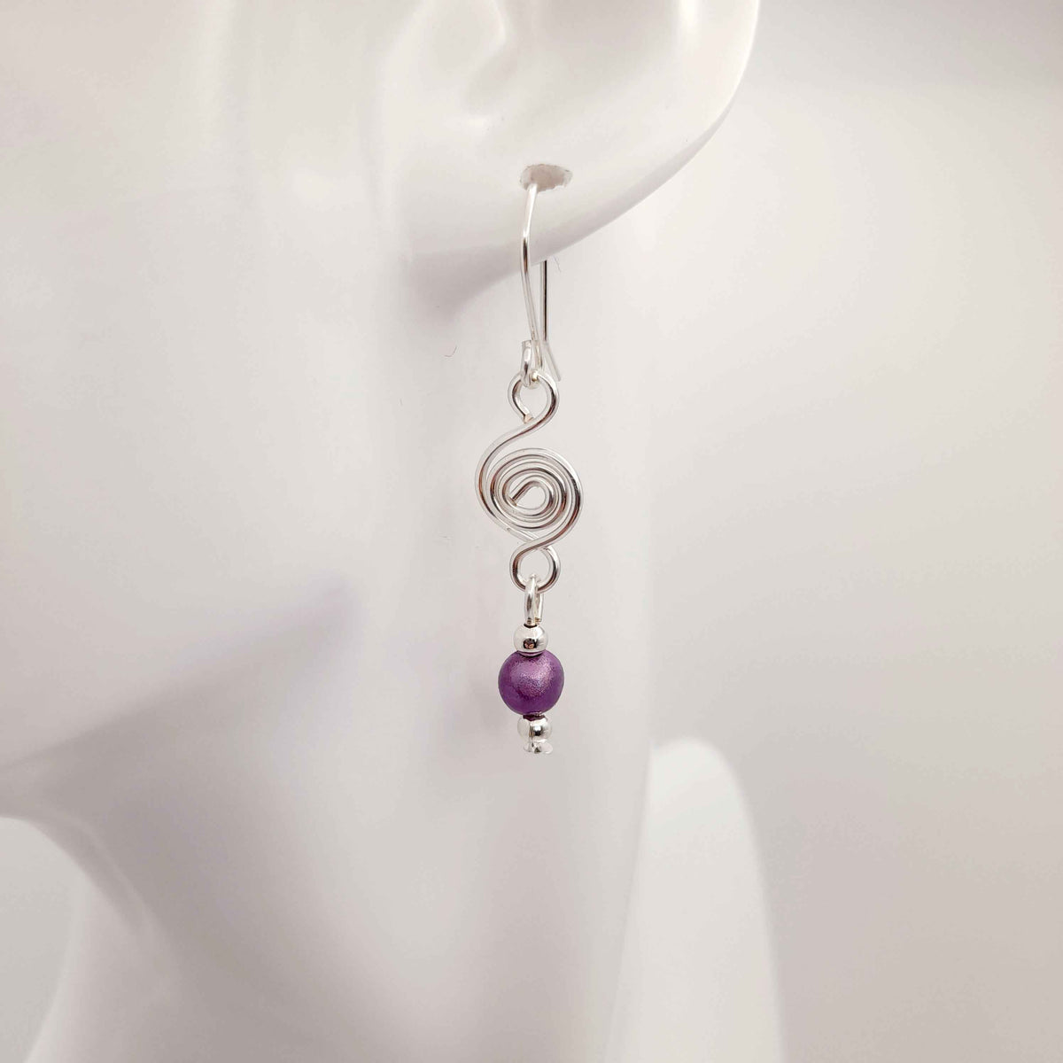 Dainty Silver & Lilac Spiral Earrings, Handmade, Lightweight & Pretty