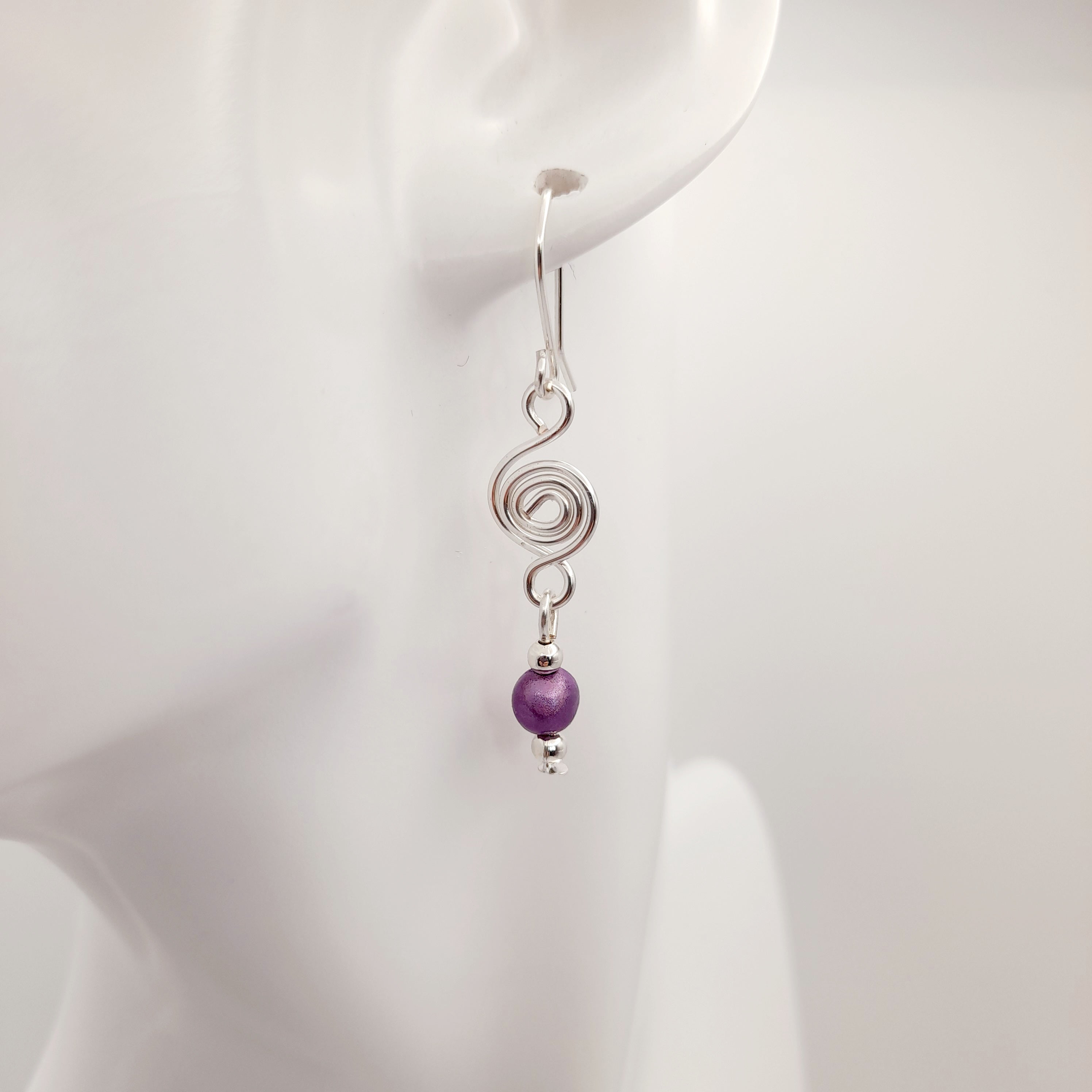 Dainty Silver & Lilac Spiral Earrings, Handmade, Lightweight & Pretty