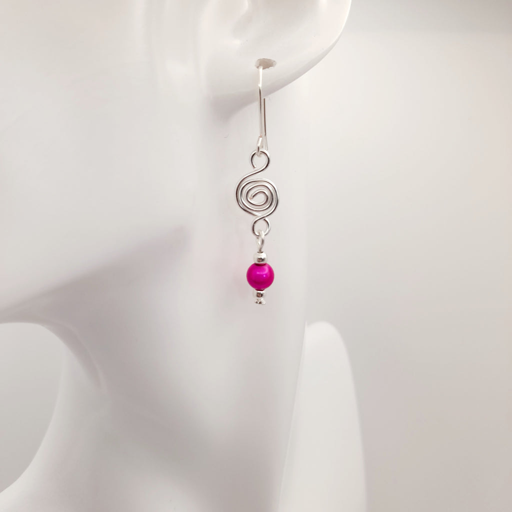 Dainty Silver & Pink Spiral Earrings, Handmade, Lightweight & Pretty