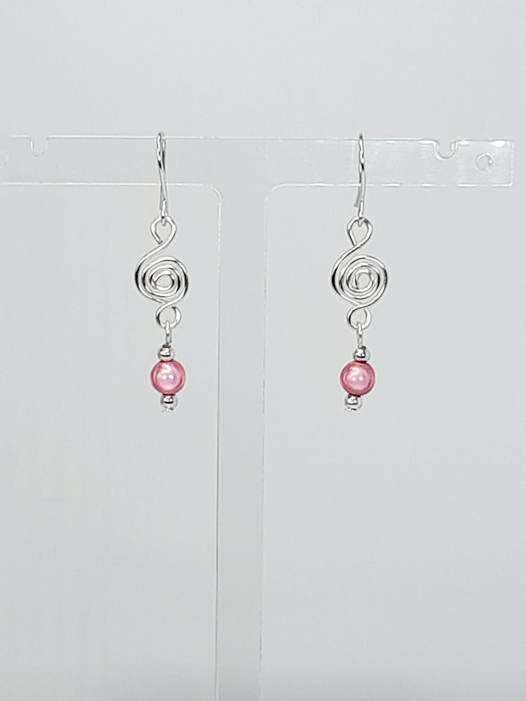 Dainty Silver & Pale Pink Spiral Earrings, Handmade, Lightweight & Pretty