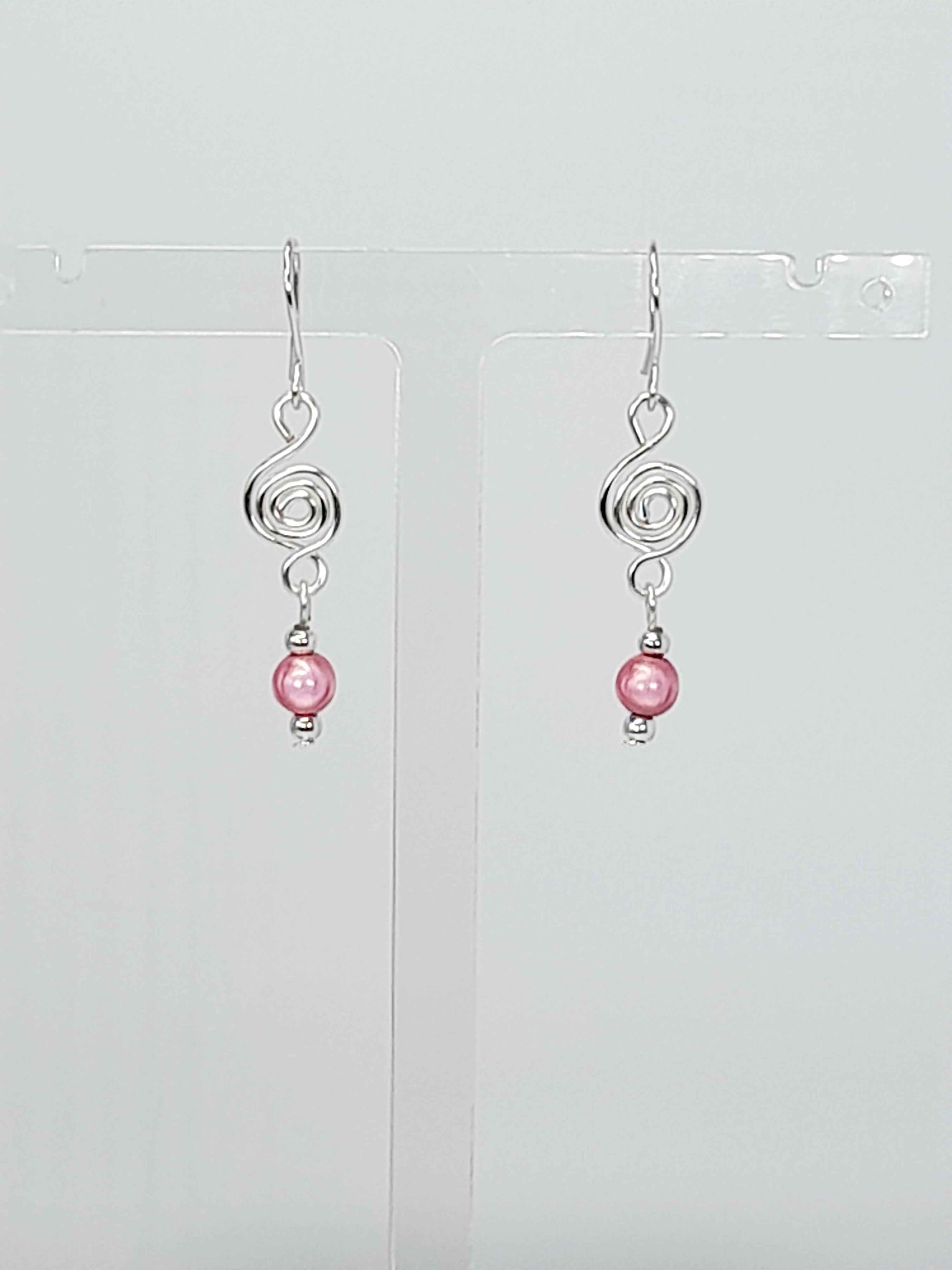 Dainty Silver & Pale Pink Spiral Earrings, Handmade, Lightweight & Pretty