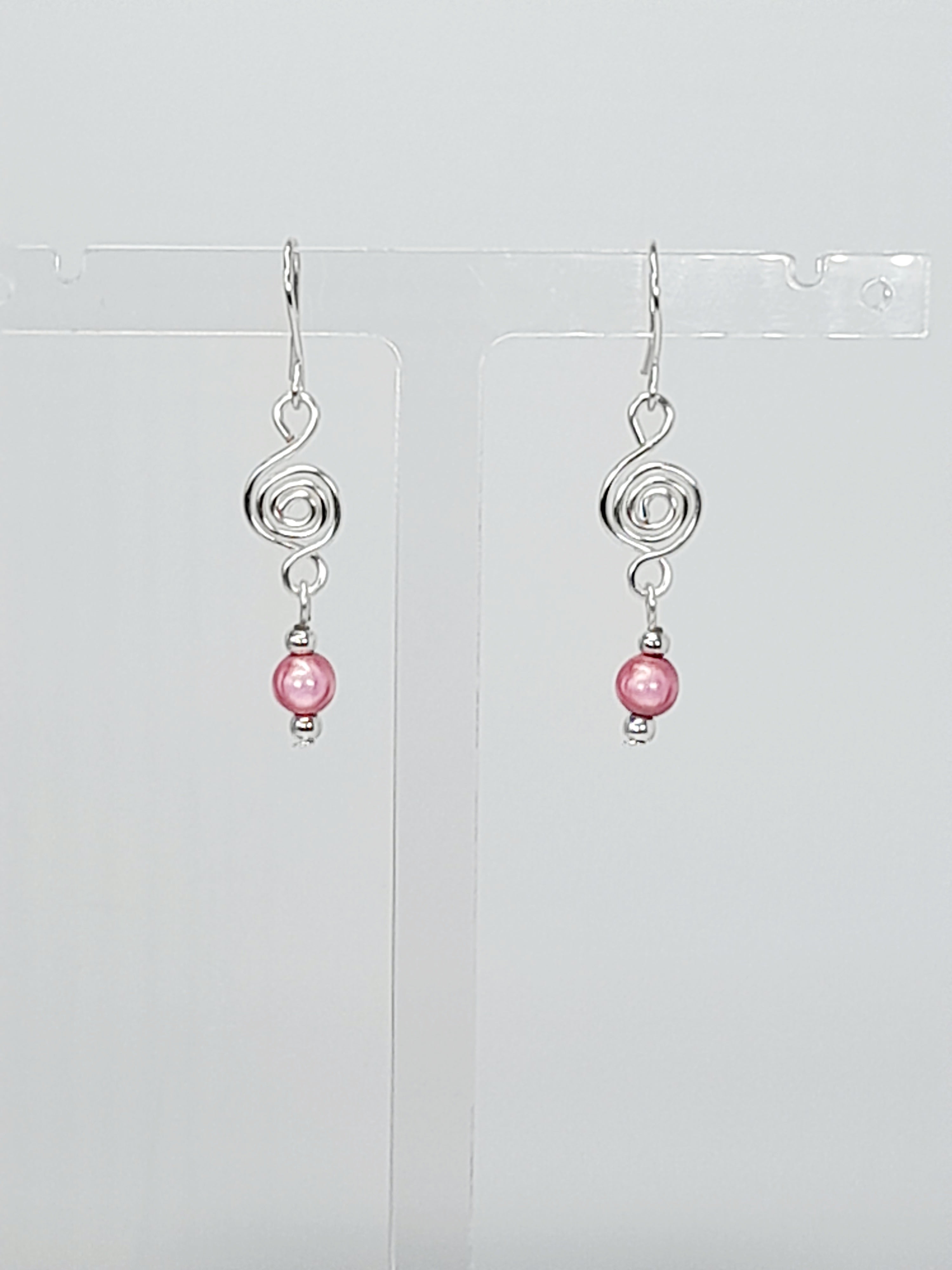 Dainty Silver & Pale Pink Spiral Earrings, Handmade, Lightweight & Pretty