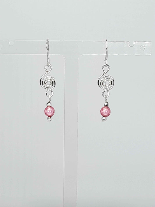Dainty Silver & Pale Pink Spiral Earrings, Handmade, Lightweight & Pretty