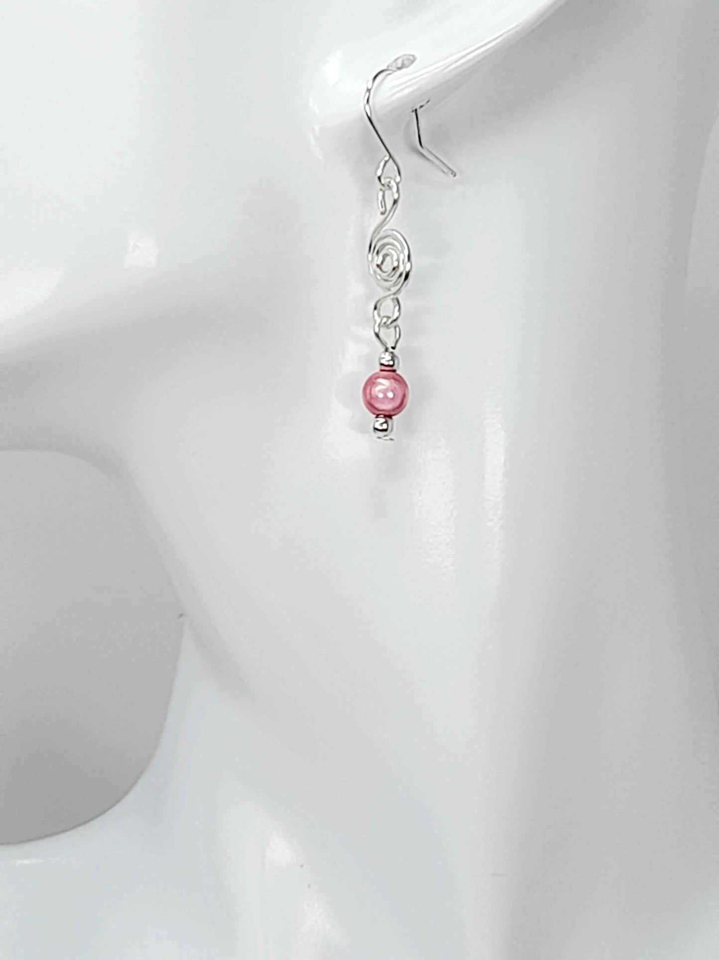 Dainty Silver & Pale Pink Spiral Earrings, Handmade, Lightweight & Pretty