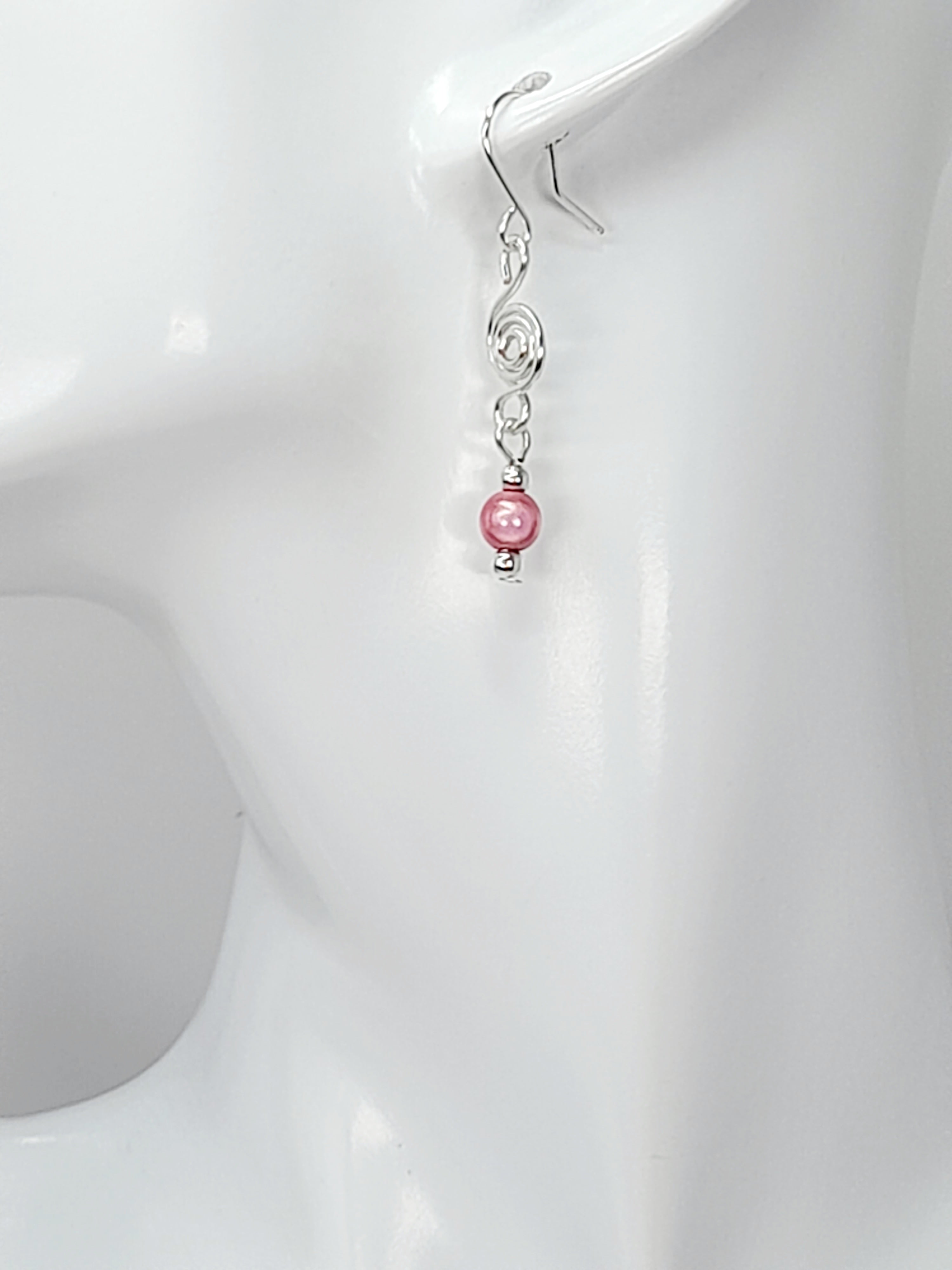 Dainty Silver & Pale Pink Spiral Earrings, Handmade, Lightweight & Pretty