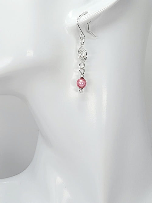 Dainty Silver & Pale Pink Spiral Earrings, Handmade, Lightweight & Pretty