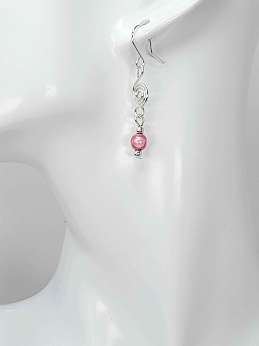 Dainty Silver & Pale Pink Spiral Earrings, Handmade, Lightweight & Pretty