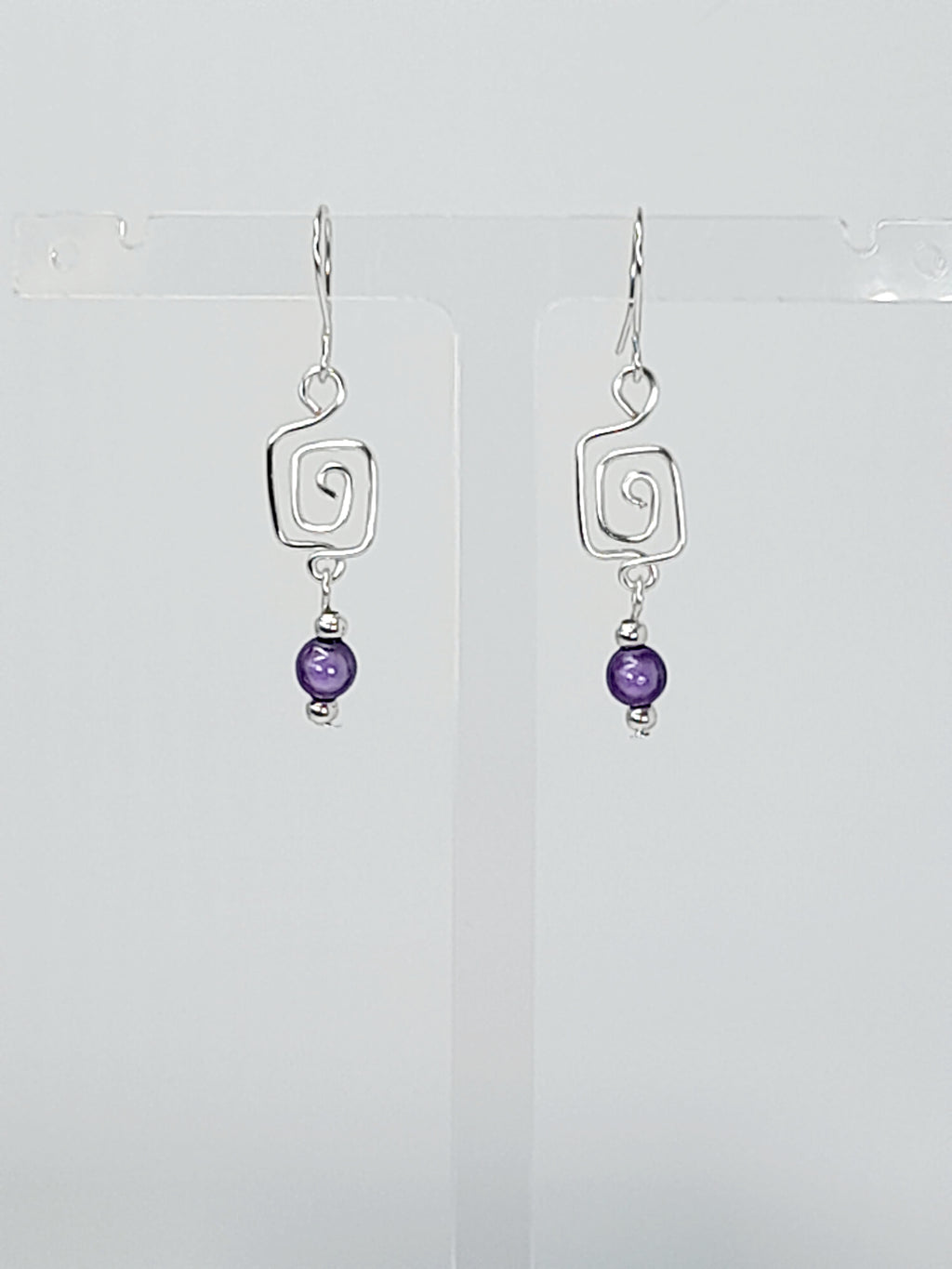 Dainty Silver & Lilac Square Spiral Earrings, Handmade, Lightweight & Pretty