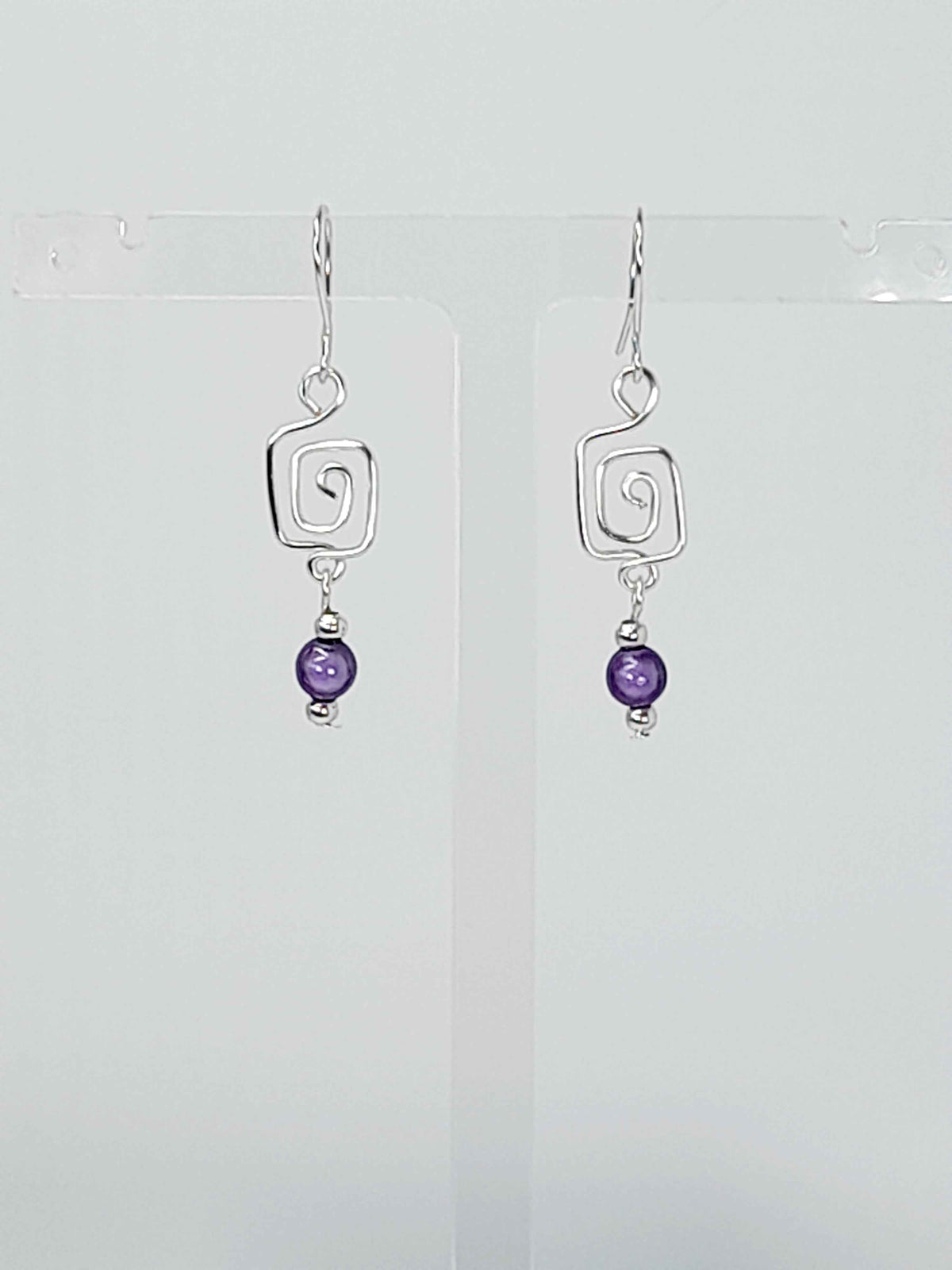 Dainty Silver & Lilac Square Spiral Earrings, Handmade, Lightweight & Pretty