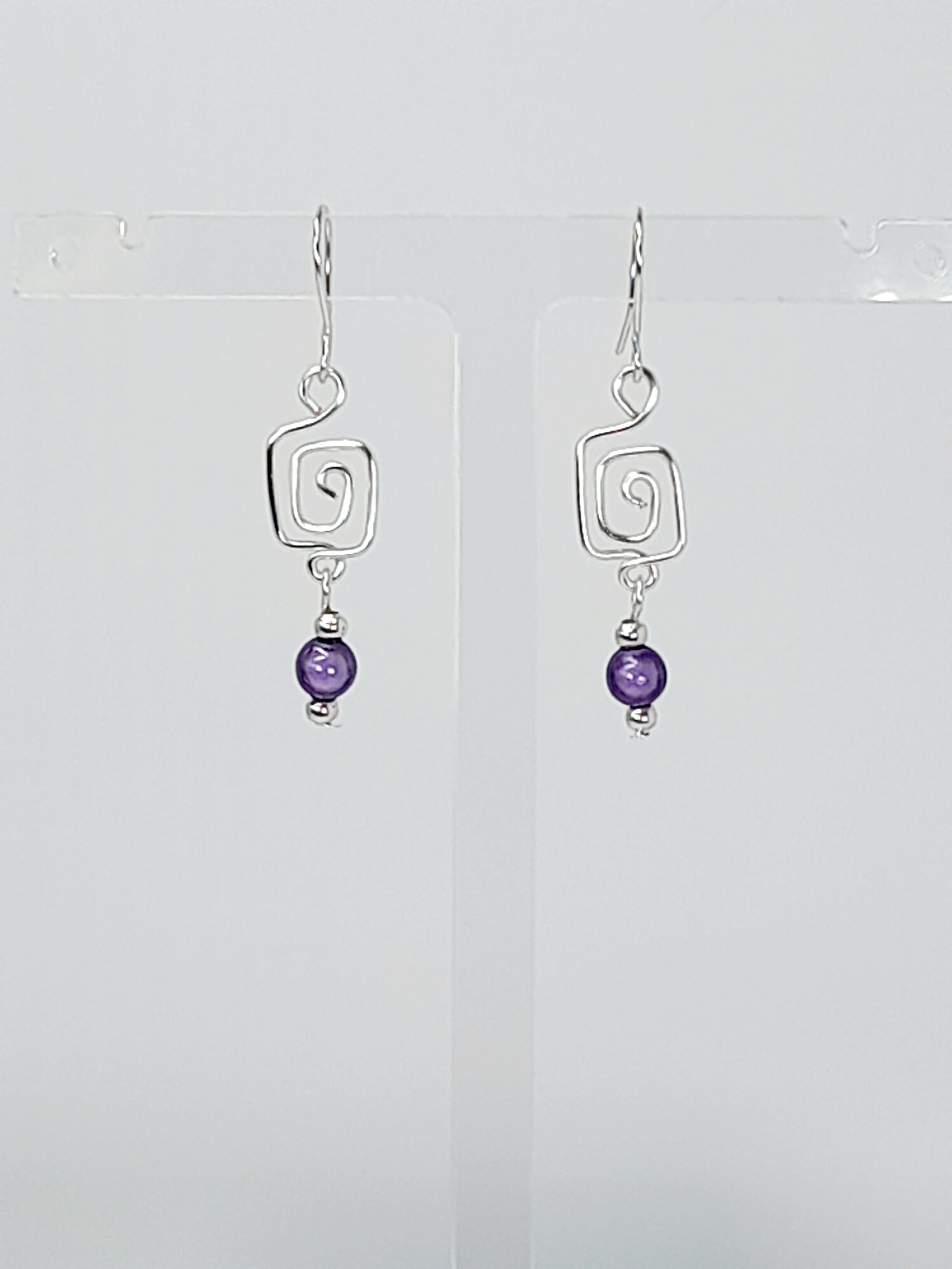 Dainty Silver & Lilac Square Spiral Earrings, Handmade, Lightweight & Pretty