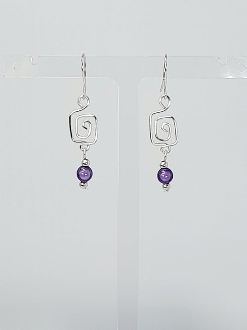 Dainty Silver & Lilac Square Spiral Earrings, Handmade, Lightweight & Pretty