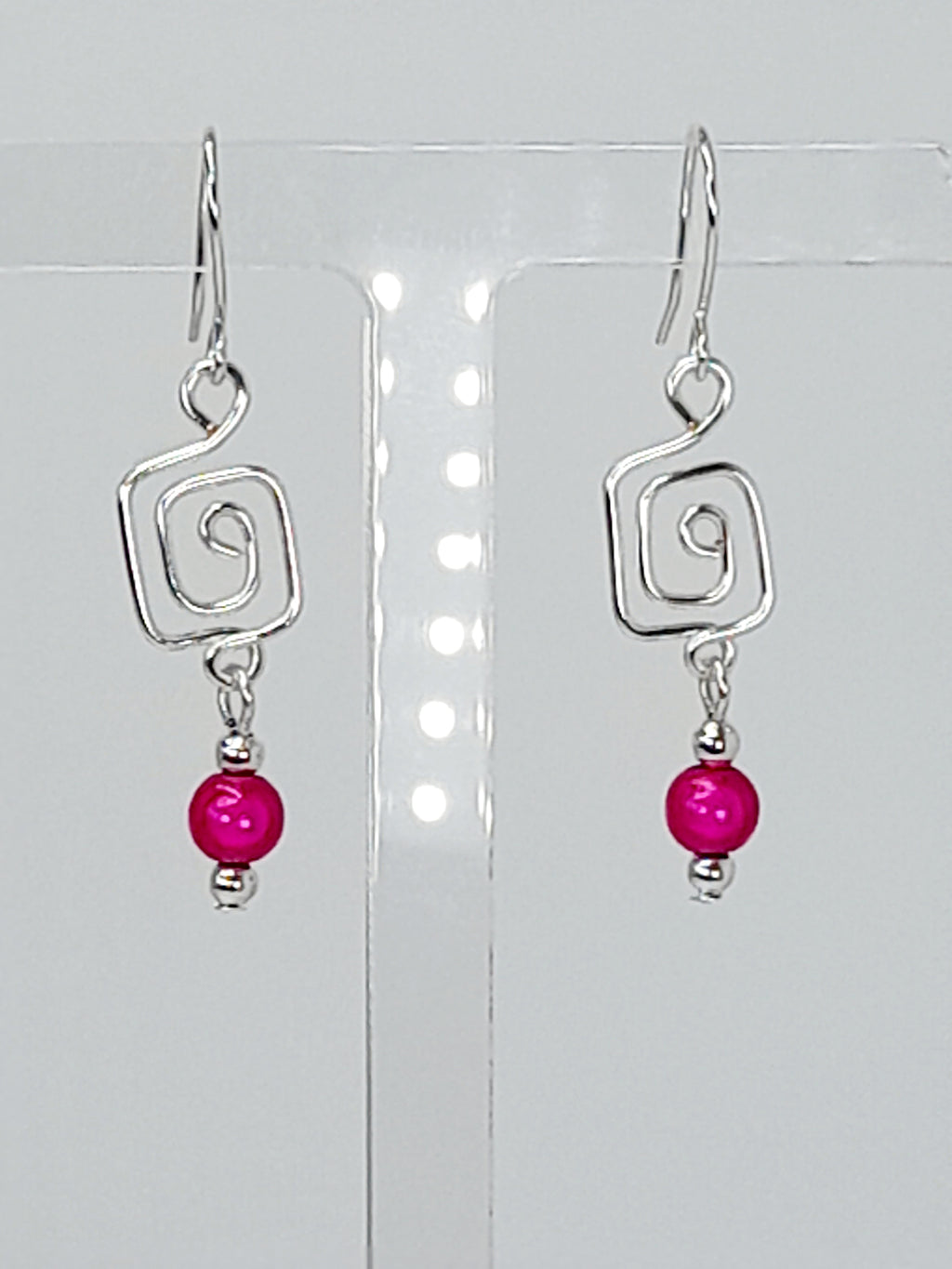 Dainty Silver & Hot Pink Square Spiral Earrings, Handmade, Lightweight & Pretty