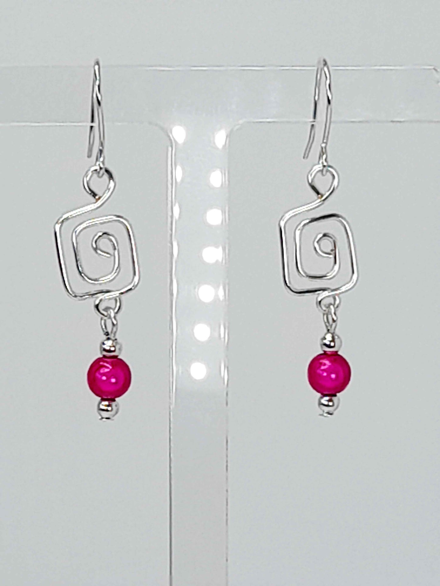 Dainty Silver & Hot Pink Square Spiral Earrings, Handmade, Lightweight & Pretty