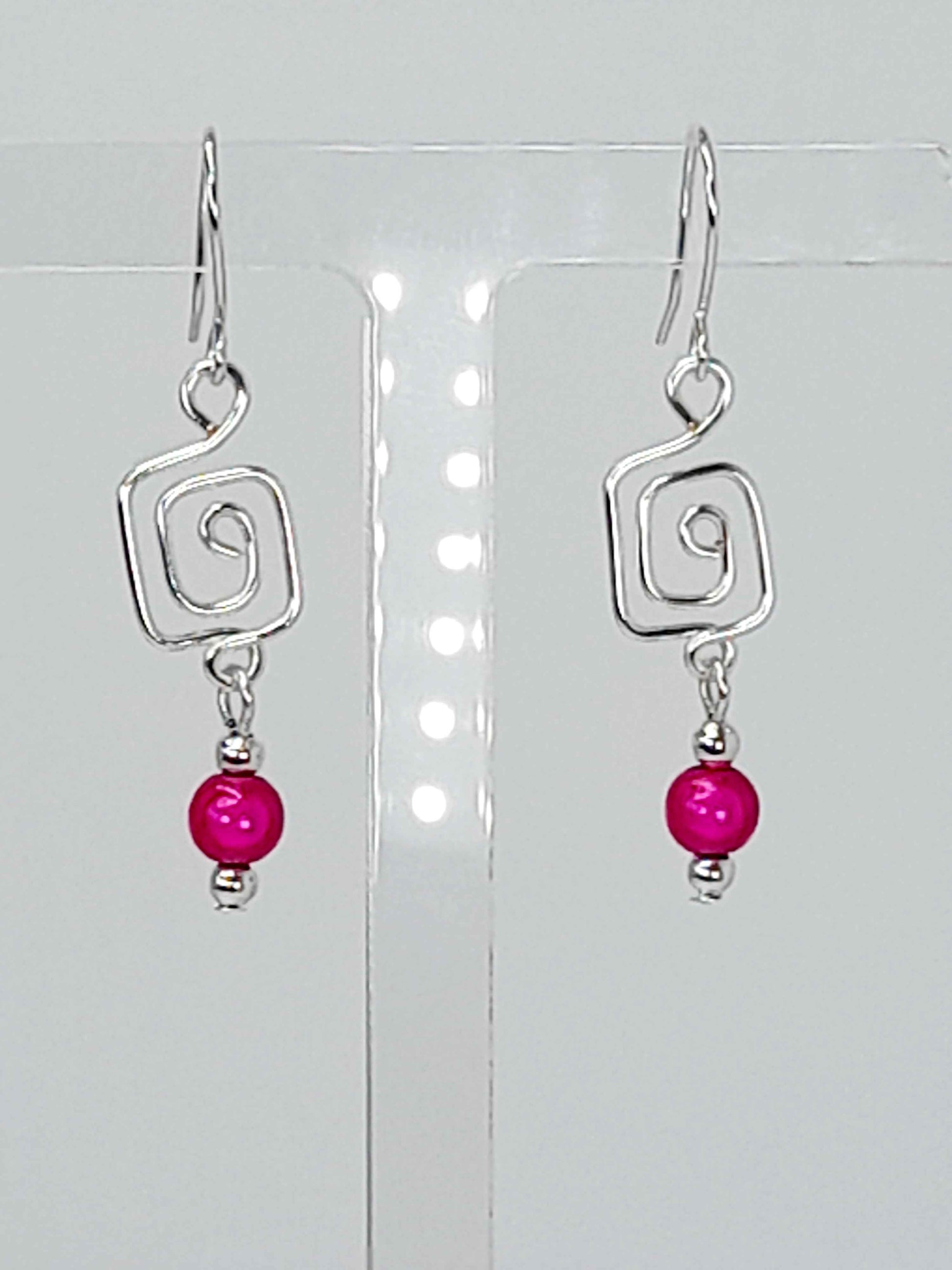Dainty Silver & Hot Pink Square Spiral Earrings, Handmade, Lightweight & Pretty