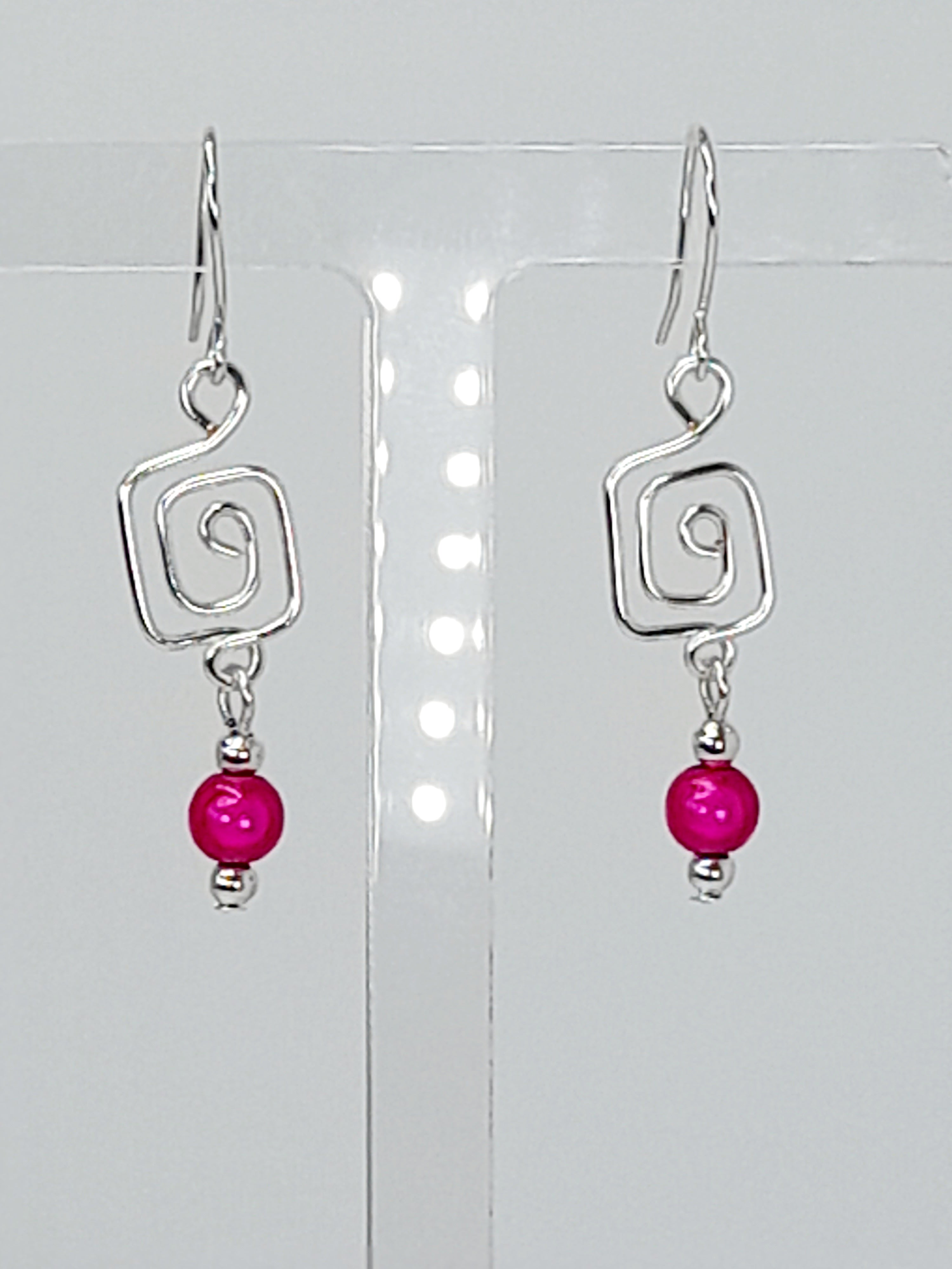 Dainty Silver & Hot Pink Square Spiral Earrings, Handmade, Lightweight & Pretty
