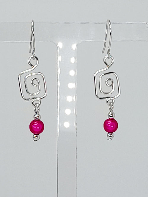 Dainty Silver & Hot Pink Square Spiral Earrings, Handmade, Lightweight & Pretty
