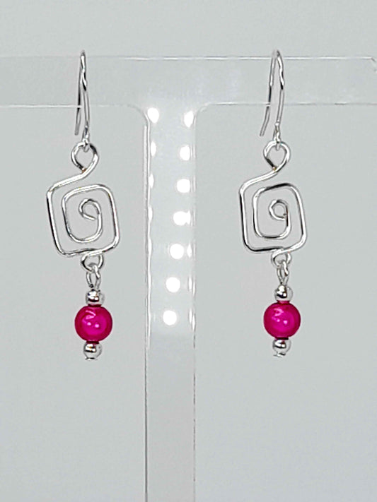 Dainty Silver & Hot Pink Square Spiral Earrings, Handmade, Lightweight & Pretty