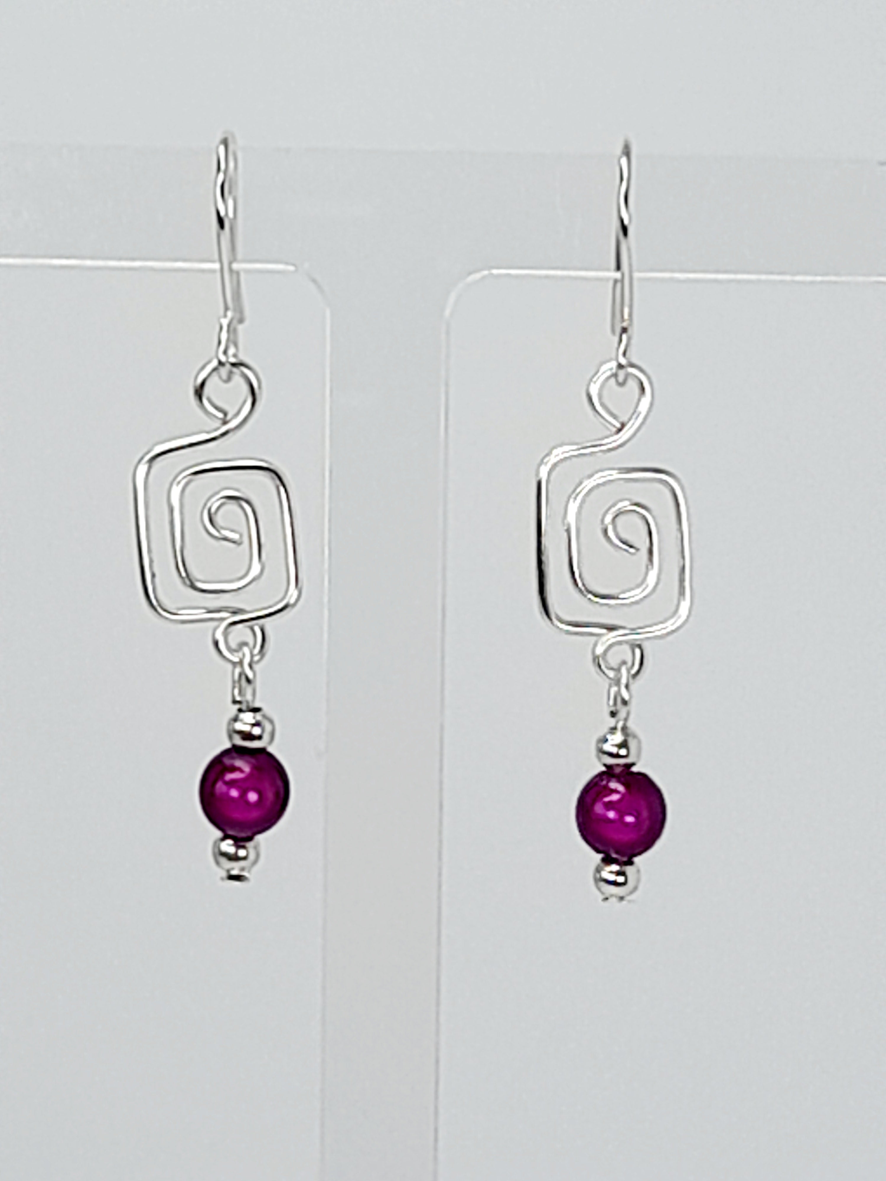 Dainty Silver & Purple Square Spiral Earrings, Handmade, Lightweight & Pretty