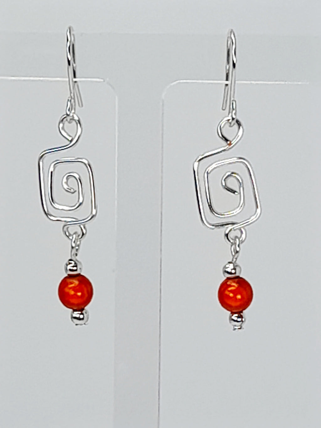 Dainty Silver & Orange Square Spiral Earrings, Handmade, Lightweight & Pretty