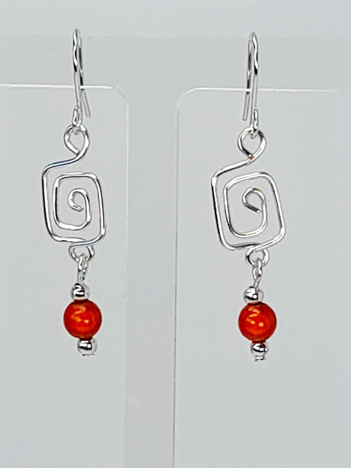 Dainty Silver & Orange Square Spiral Earrings, Handmade, Lightweight & Pretty