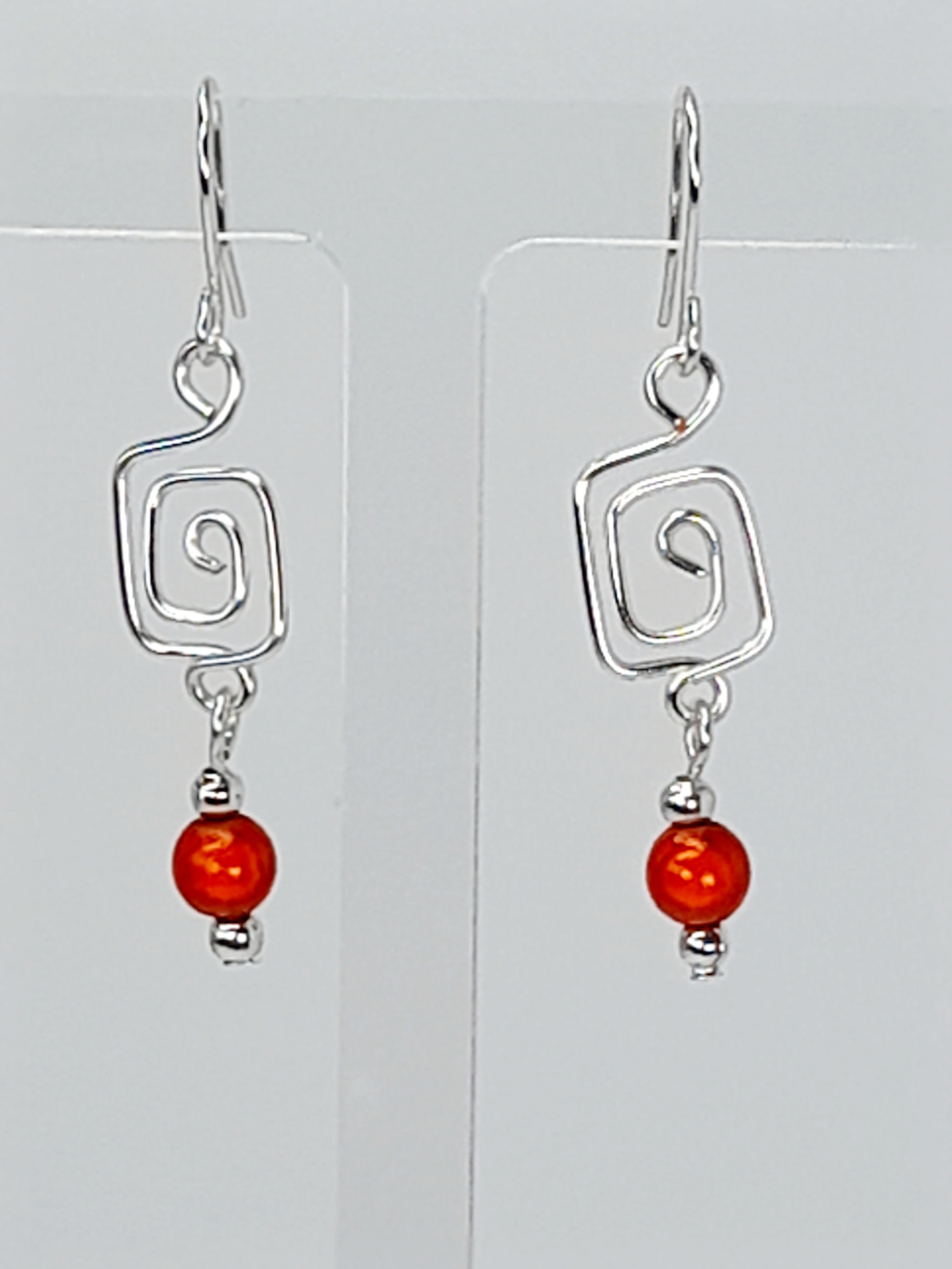 Dainty Silver & Orange Square Spiral Earrings, Handmade, Lightweight & Pretty