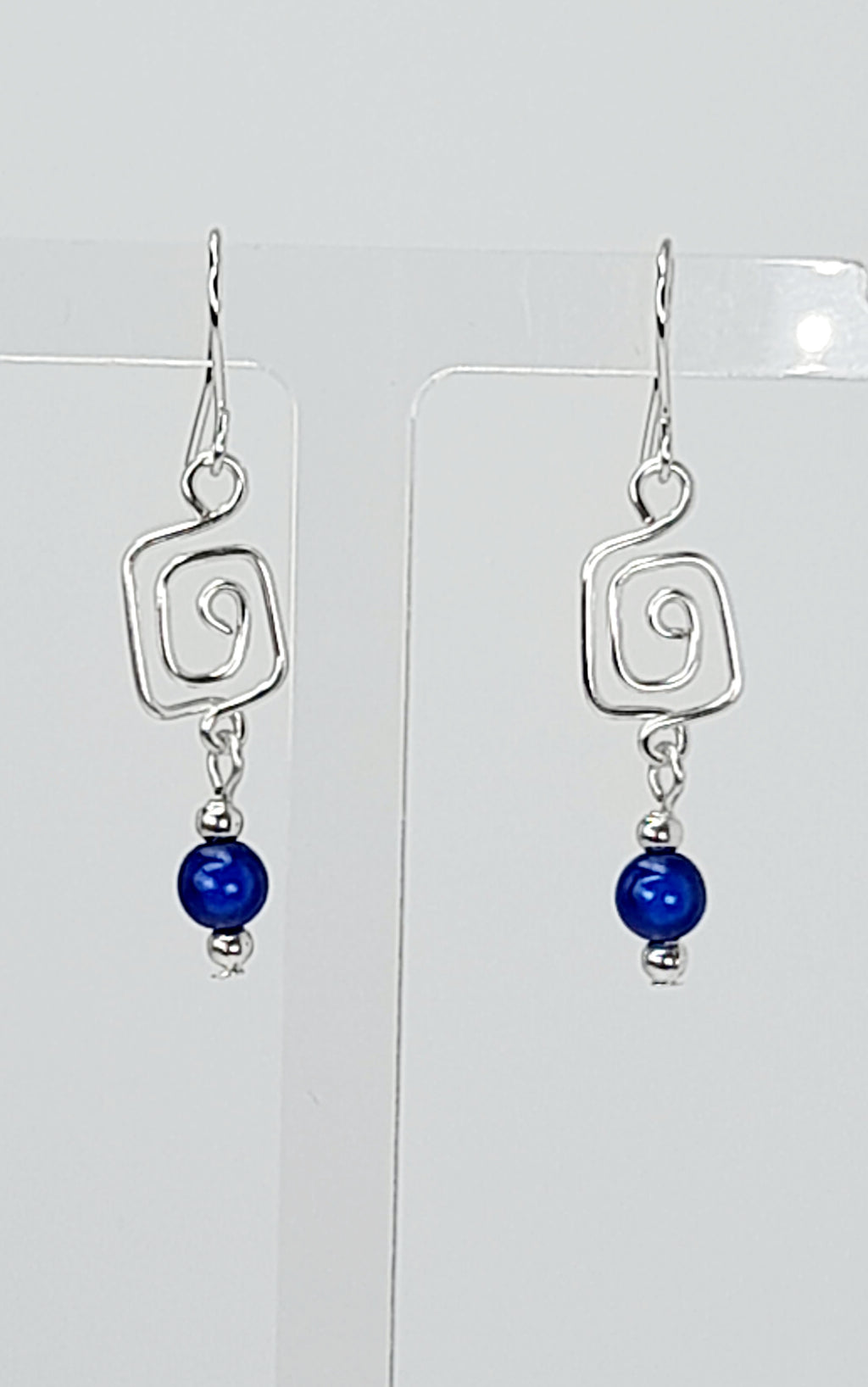 Dainty Silver & Blue Square Spiral Earrings, Handmade, Lightweight & Pretty