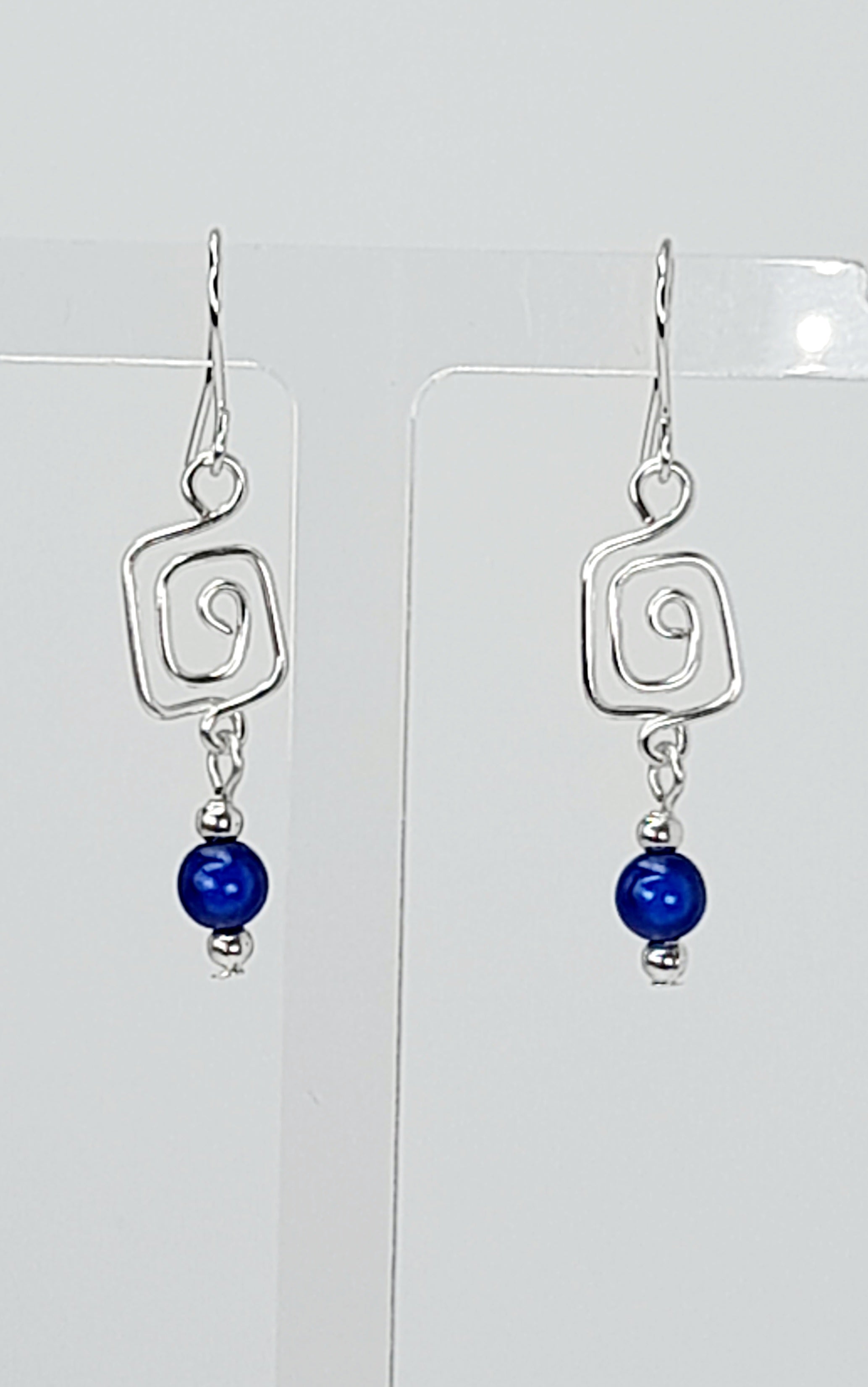 Dainty Silver & Blue Square Spiral Earrings, Handmade, Lightweight & Pretty