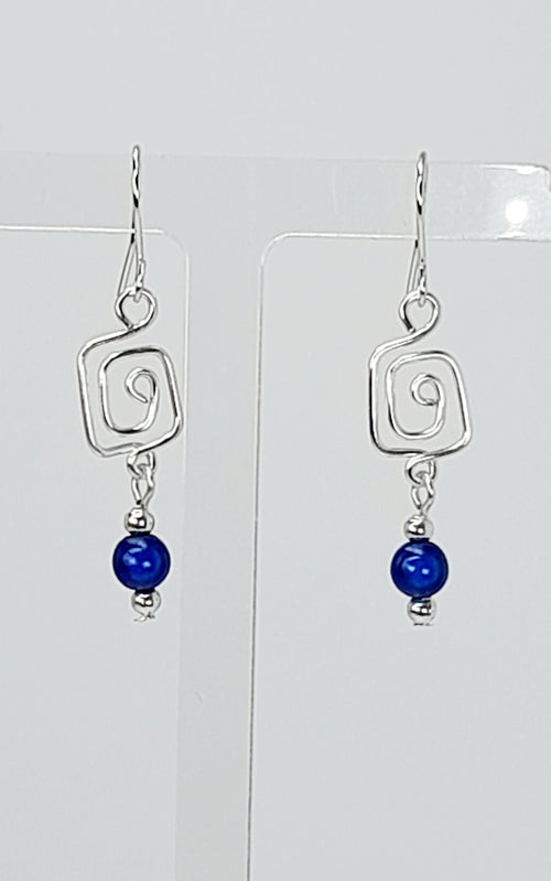 Dainty Silver & Blue Square Spiral Earrings, Handmade, Lightweight & Pretty