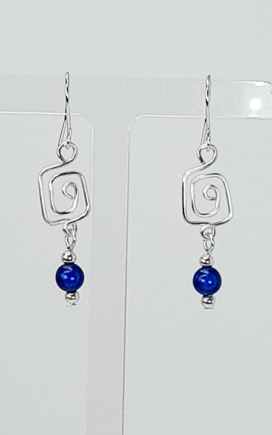Dainty Silver & Blue Square Spiral Earrings, Handmade, Lightweight & Pretty