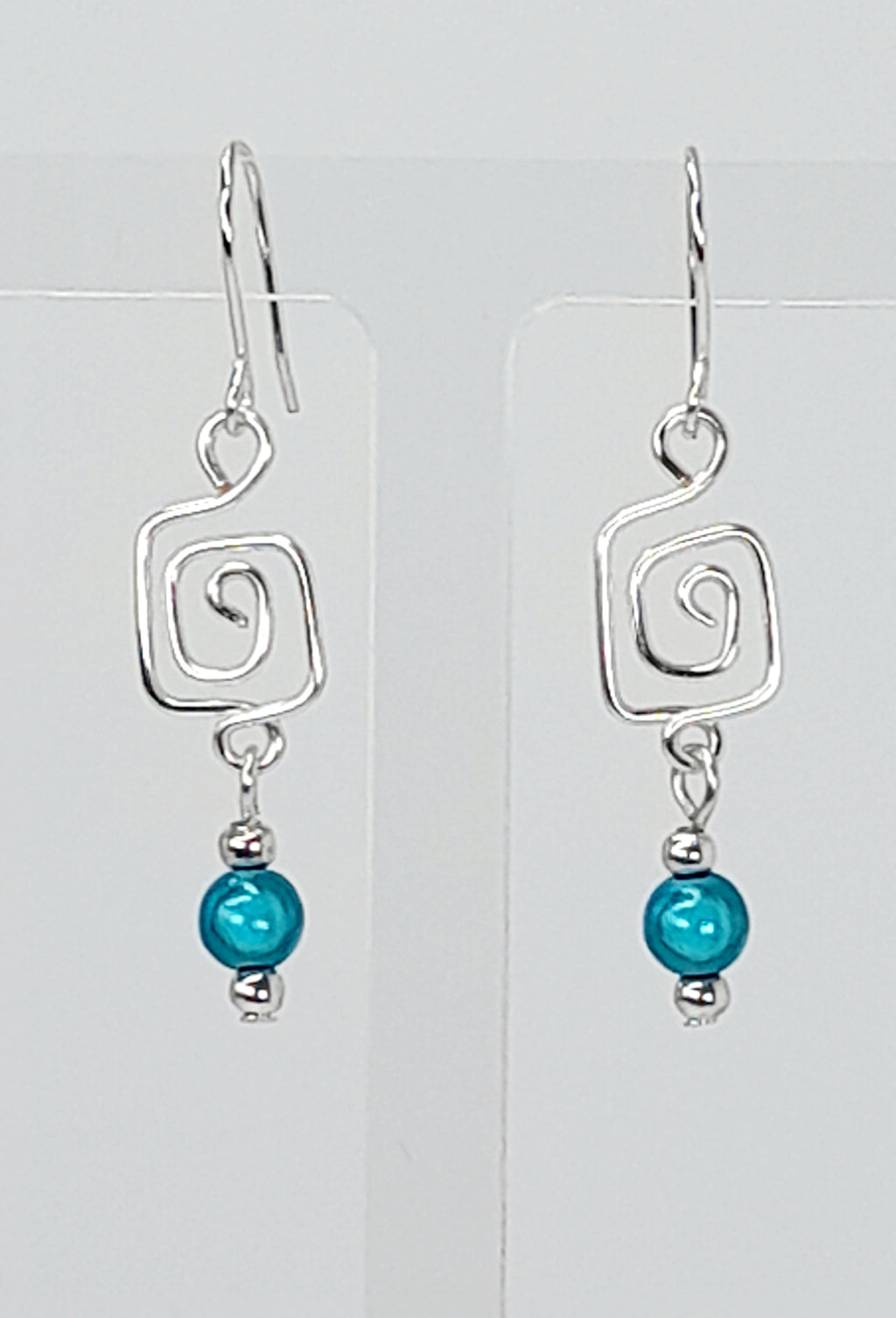 Dainty Silver & Turquoise Square Spiral Earrings, Handmade, Lightweight & Pretty