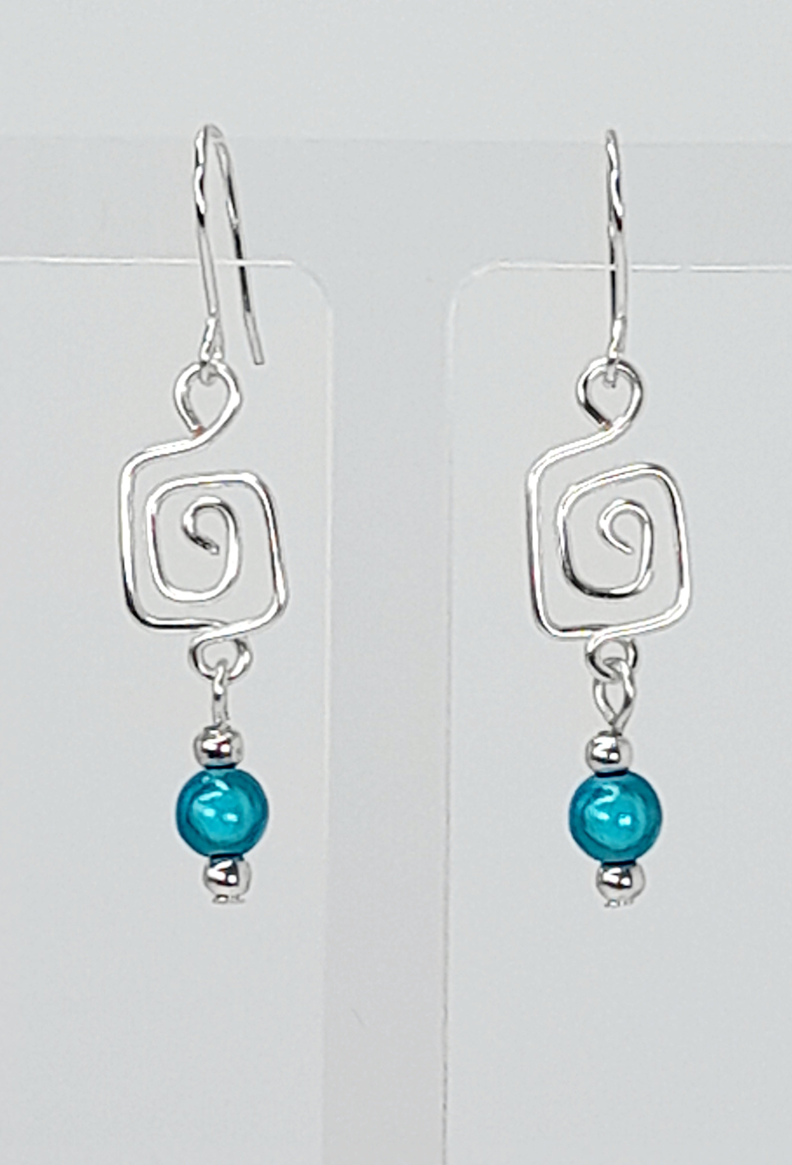 Dainty Silver & Turquoise Square Spiral Earrings, Handmade, Lightweight & Pretty