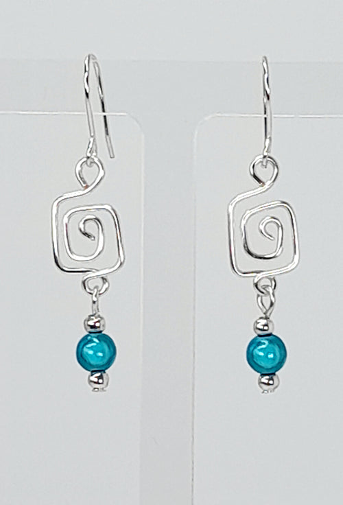 Dainty Silver & Turquoise Square Spiral Earrings, Handmade, Lightweight & Pretty