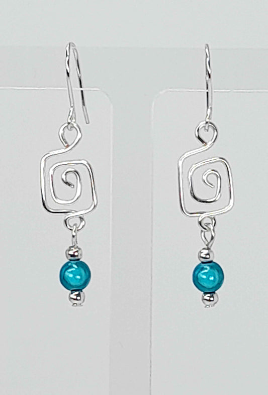 Dainty Silver & Turquoise Square Spiral Earrings, Handmade, Lightweight & Pretty