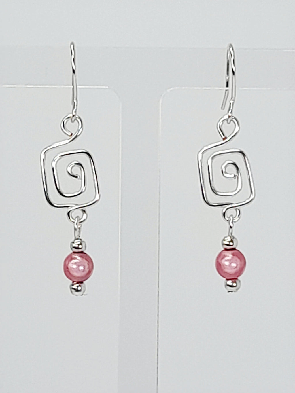 Dainty Silver & Pale Pink Square Spiral Earrings, Handmade, Lightweight & Pretty