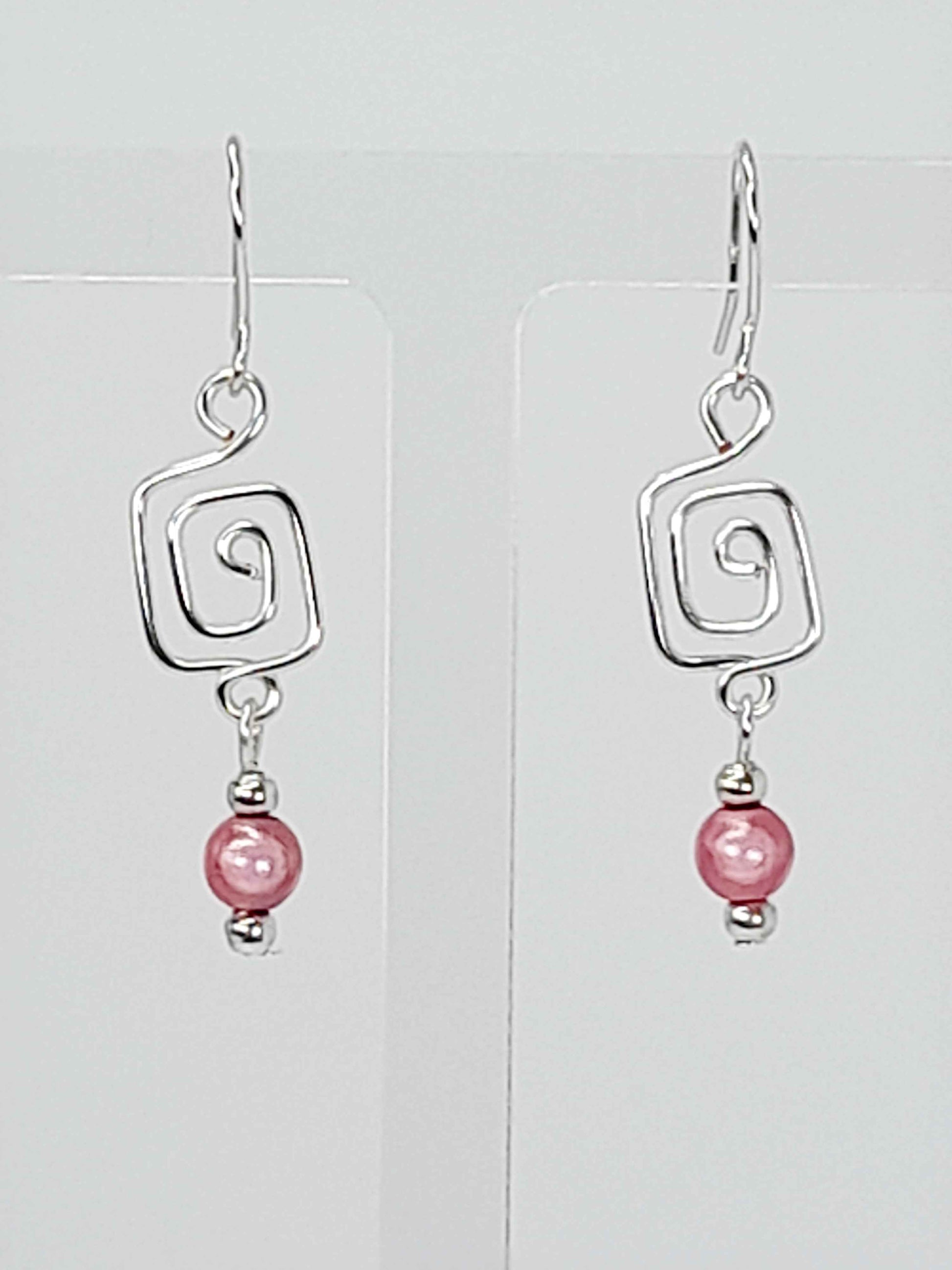 Dainty Silver & Pale Pink Square Spiral Earrings, Handmade, Lightweight & Pretty